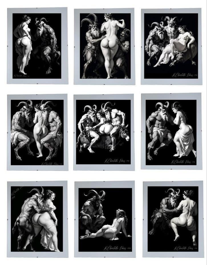 Set van 9 ingelijste licht erotische prenten/kopieën satyr, Ophalen of Verzenden