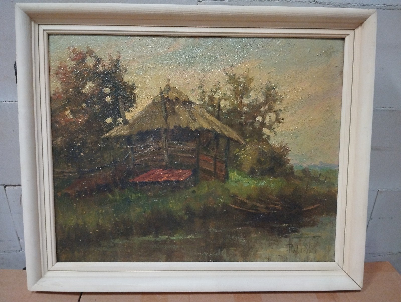 Olieverf op hout - Landschap met hut - Gedateerd 1945, Oud hollands, Overige ondergronden, Ophalen of Verzenden, Gedateerd
