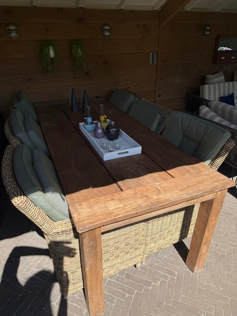 Massieve teakhouten eetset met 6 rotan stoelen (Beach7), Tuin en Terras, Tuinsets en Loungesets, Ophalen, Eettafel, 6 zitplaatsen