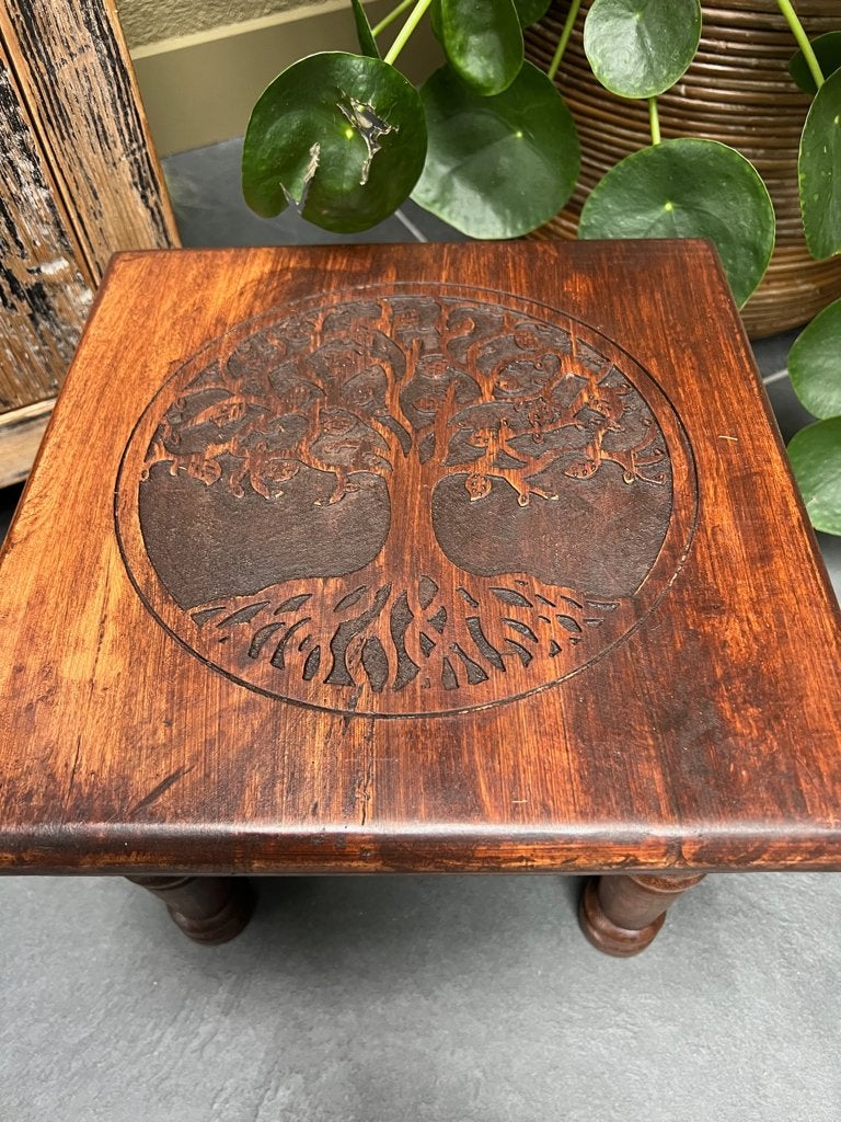 Bajot massief bijzettafel levensboom Tafel uit India massief, Minder dan 45 cm, India Boho oosters, Vierkant, Nieuw