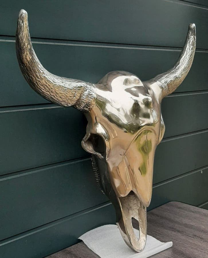Waterbuffel Sculptuur, Buffelschedel, Ophalen, Metaal, Wandsculptuur, Zilver