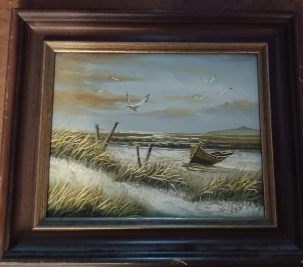 Klein schilderij gesigneerd door Dunlop - Strandgezicht, Antiek en Kunst, Kunst | Schilderijen | Klassiek, Ophalen of Verzenden