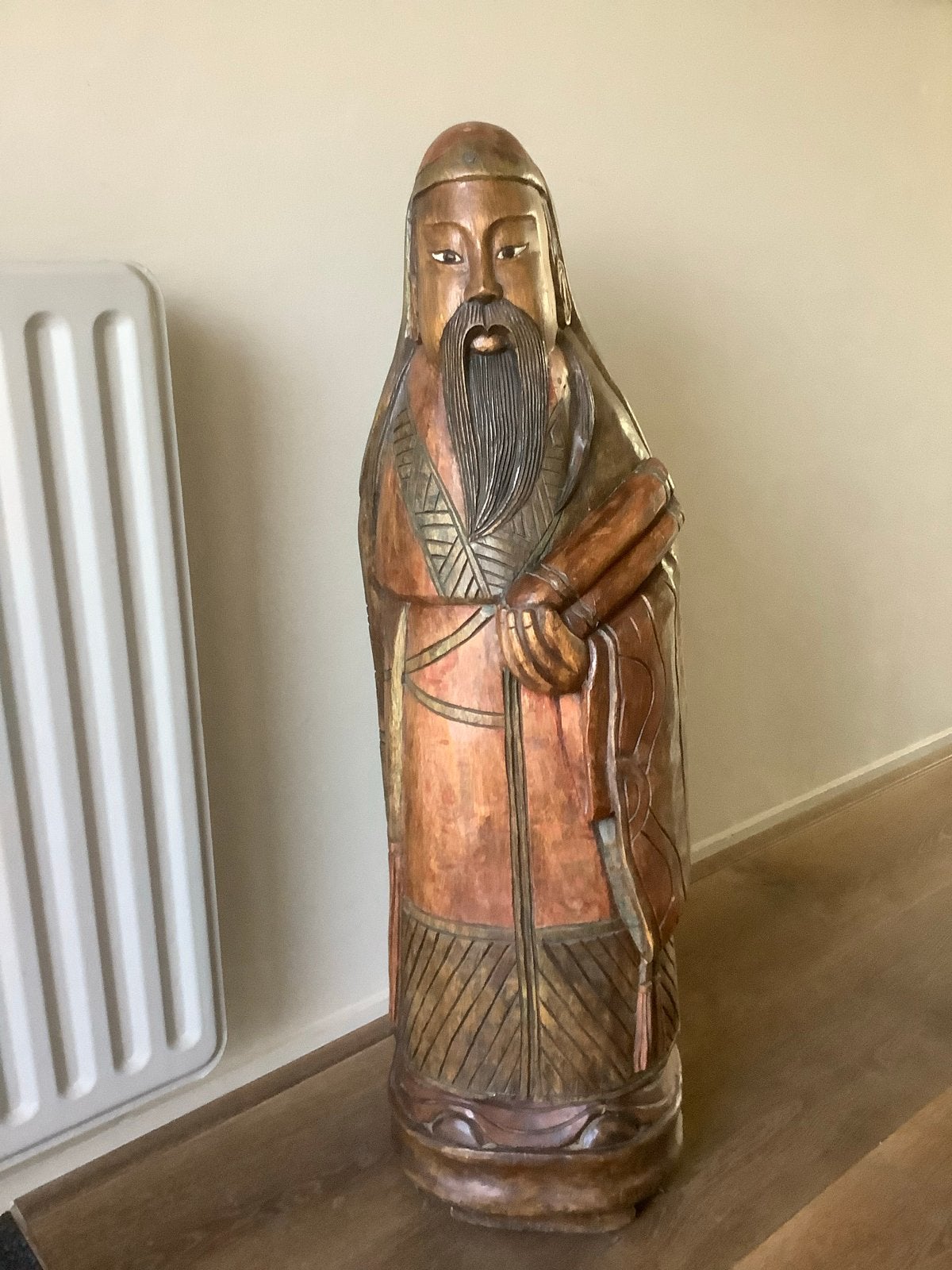 Groot houten beeld van Chinese wijze man, Ophalen, 50 - 100 cm, Handgemaakt, Beeld