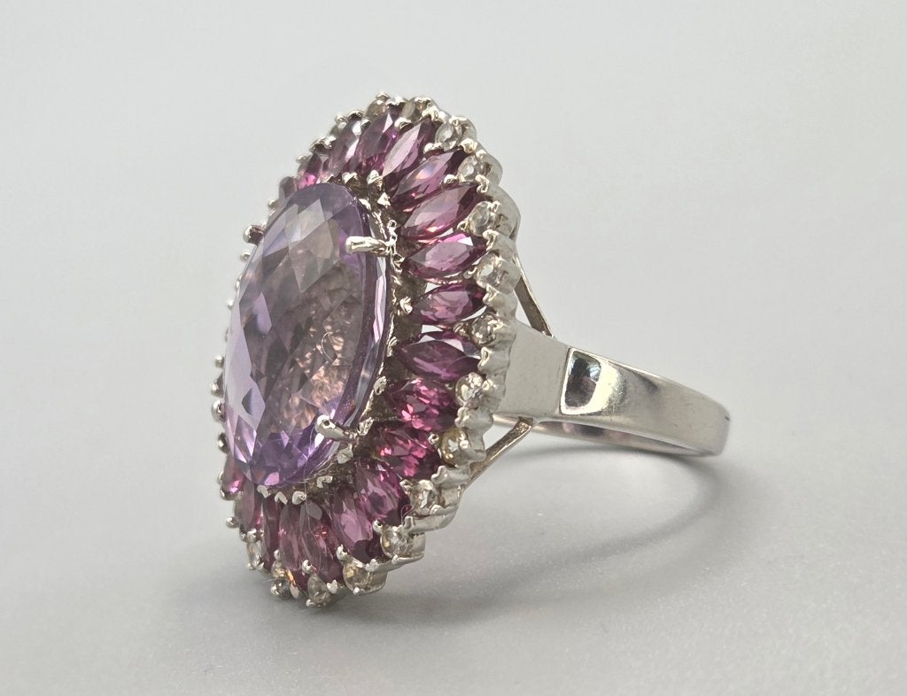 Vintage ring amethist, toermalijn en witte topaas. 2026/418, 18 tot 19, ., Paars, Ophalen of Verzenden