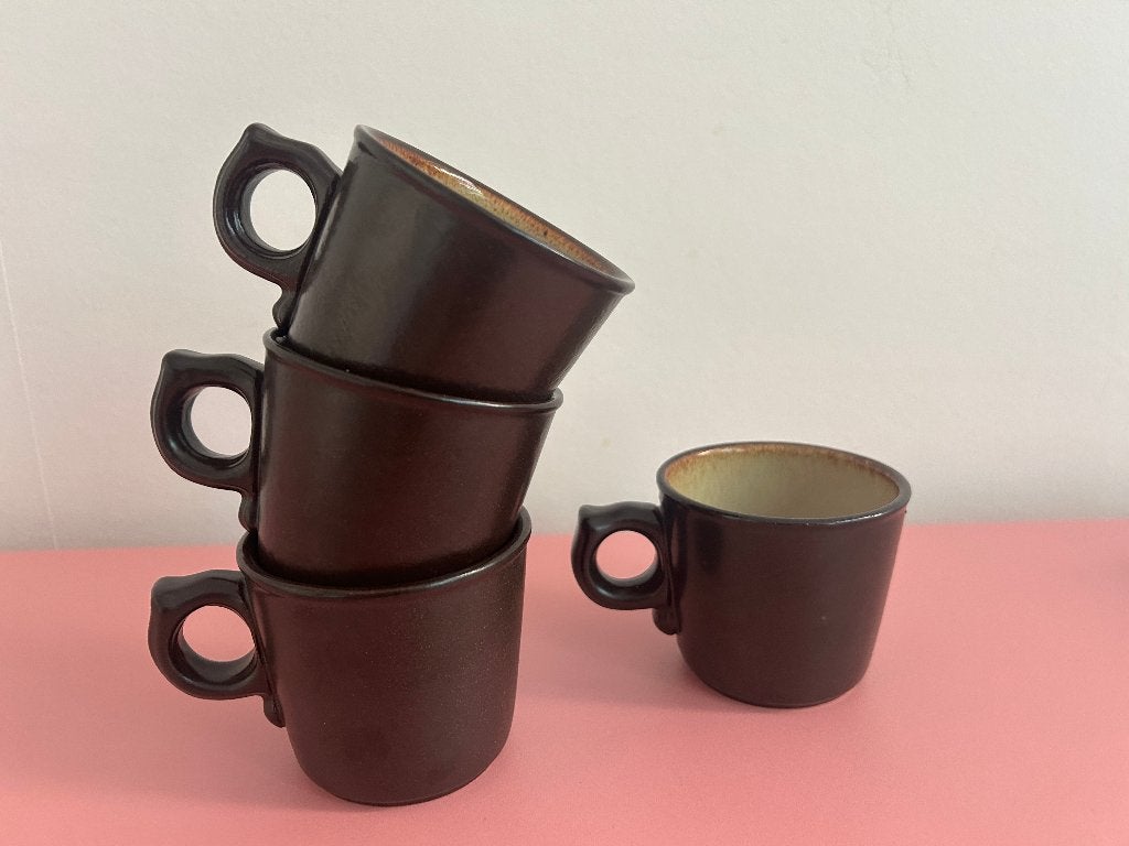 4x vintage keramiek koffiekopje jaren 70 bruin, Ophalen of Verzenden, Huis en Inrichting