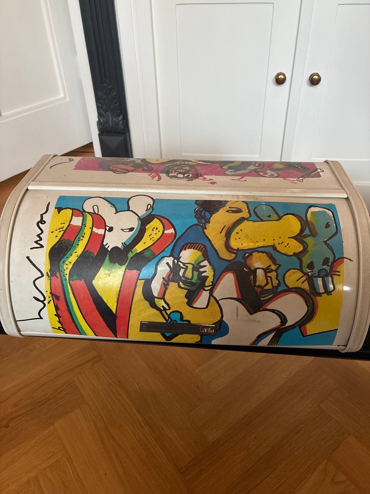 Vintage brabantia Herman Broodtrommel met kleurrijke print, Ophalen, Gebruikt, Metaal, Brabantia