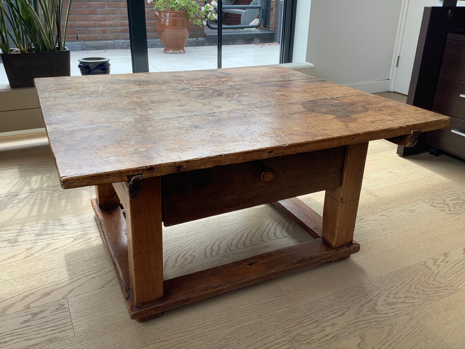 Antieke houten salontafel 91 x 82 x 46 cm, Ophalen, Gebruikt, 50 tot 100 cm, 50 tot 100 cm