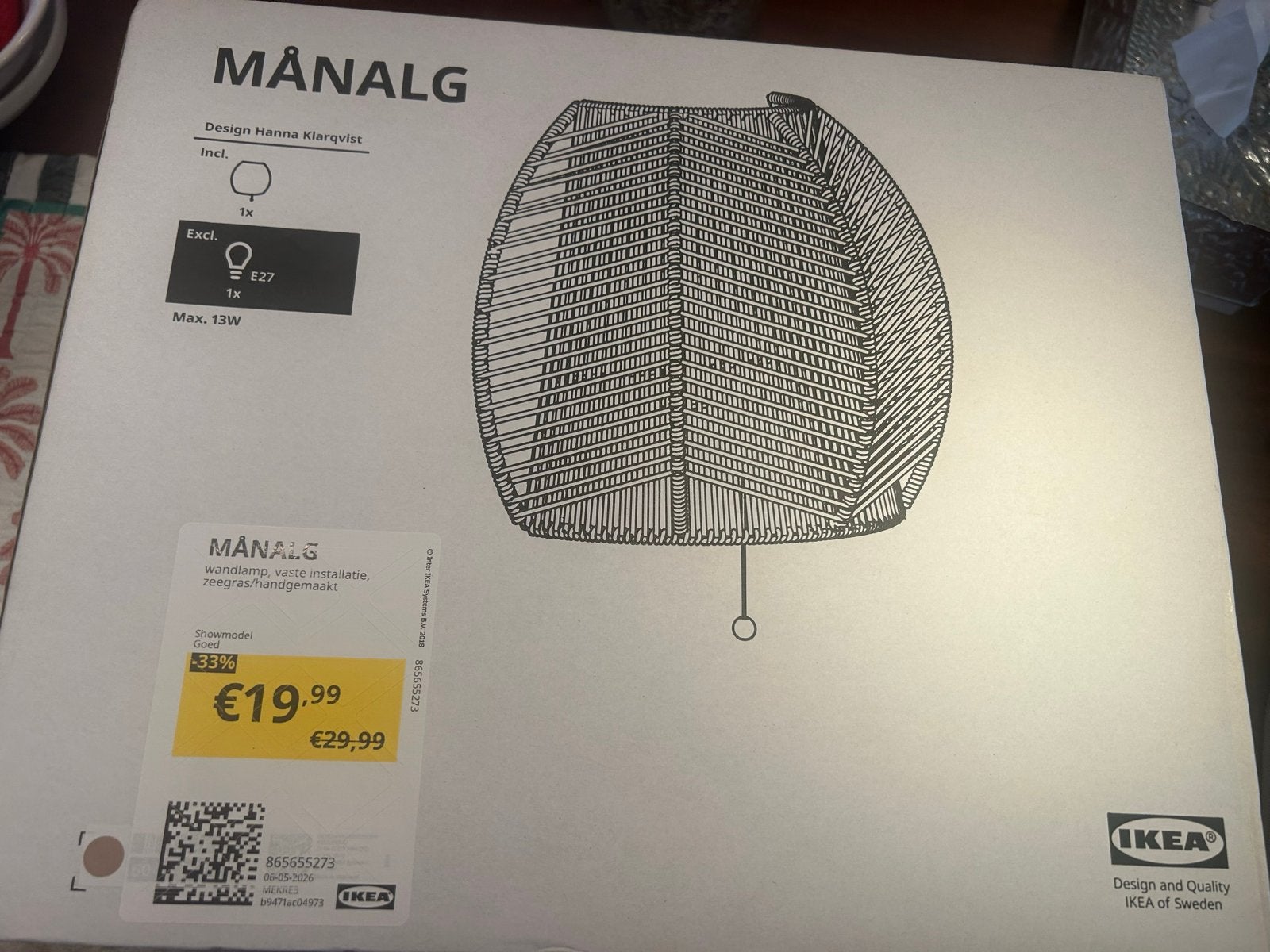 IKEA MÅNALG wandlamp - Nieuw in doos, Huis en Inrichting, Lampen | Wandlampen, Ophalen, Nieuw, Overige materialen