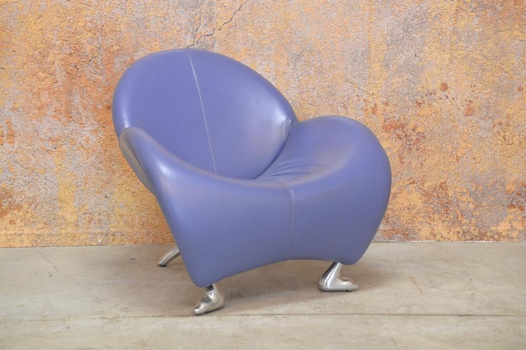 ZGANieuw blauw paarse leren Leolux Papageno design fauteuil, Leolux, Leolux, 75 tot 100 cm, Ophalen of Verzenden