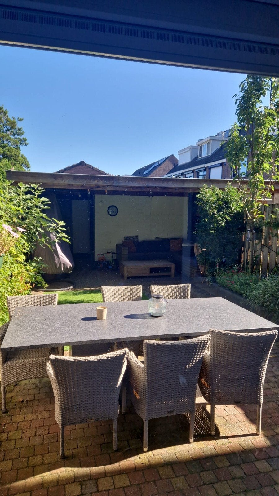 Tuinset: Grote stenen tafel met 6 wicker stoelen, Tuin en Terras, Ophalen, Gebruikt, Rechthoekig, Wicker