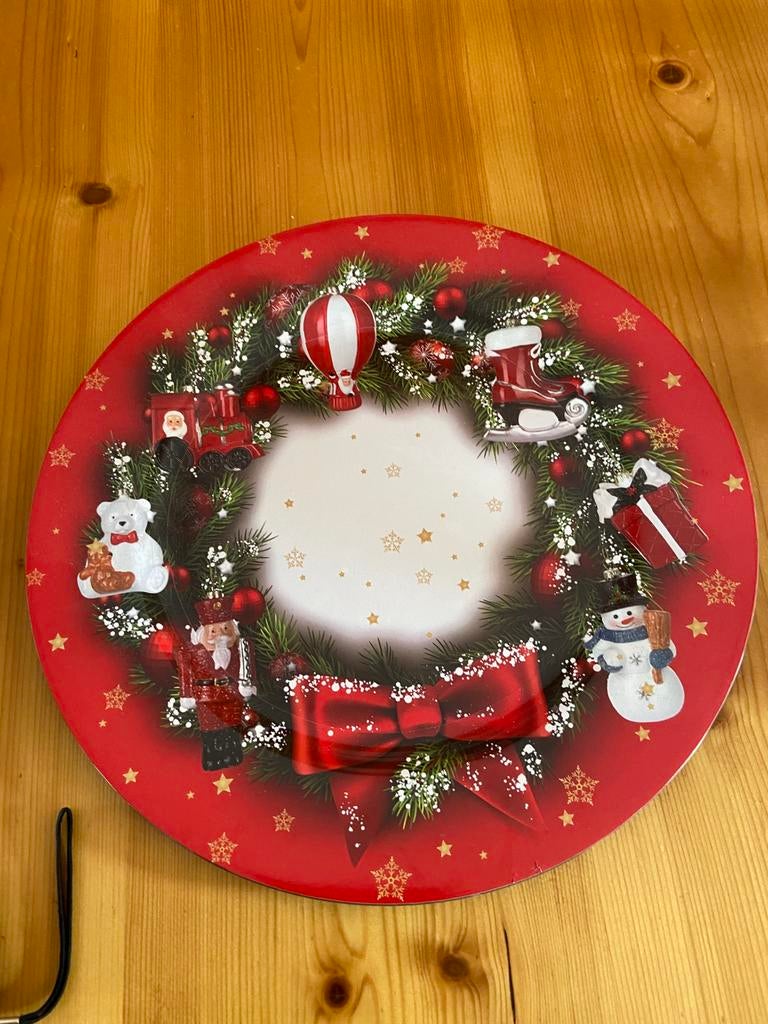 2 kerst decoratie borden kunststof 33 cm rood en groen, Diversen, Kerst, Ophalen of Verzenden, Zo goed als nieuw