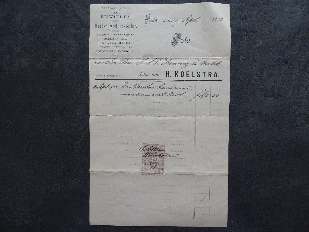 Balk - Nota Bondsrijwielhersteller - H. Koelstra - 1902, Ophalen of Verzenden, Voor 1920, Gelopen, Friesland