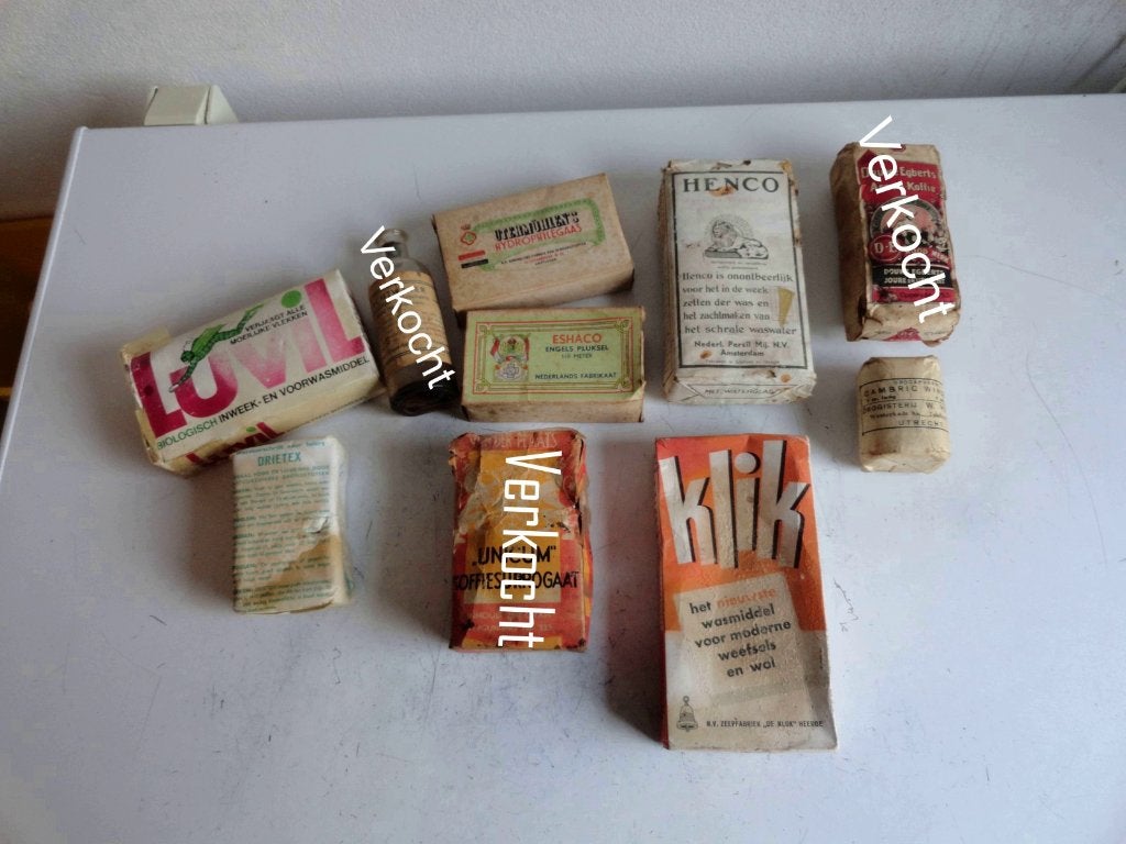 Verpakkingen antiek Henco, Klik, Drietex, Luvil, Eshaco, Antiek en Kunst, Curiosa en Brocante, Ophalen of Verzenden