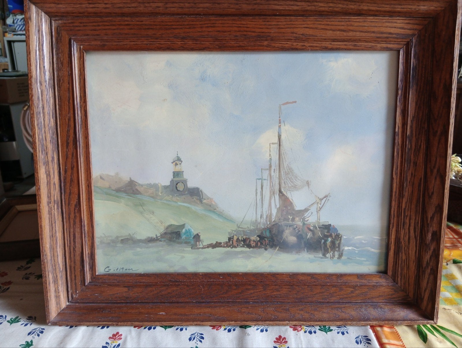 Mooi schilderij met zeilboot en vuurtoren, Maritiem / water, Doek, Realistisch, Ophalen of Verzenden