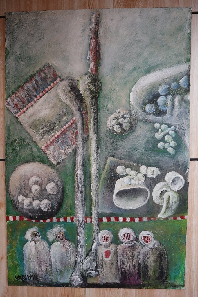 Schilderij 'Gevangen in maskers' (2014), Ophalen, Textiel, 3D-effect, Acrylverf