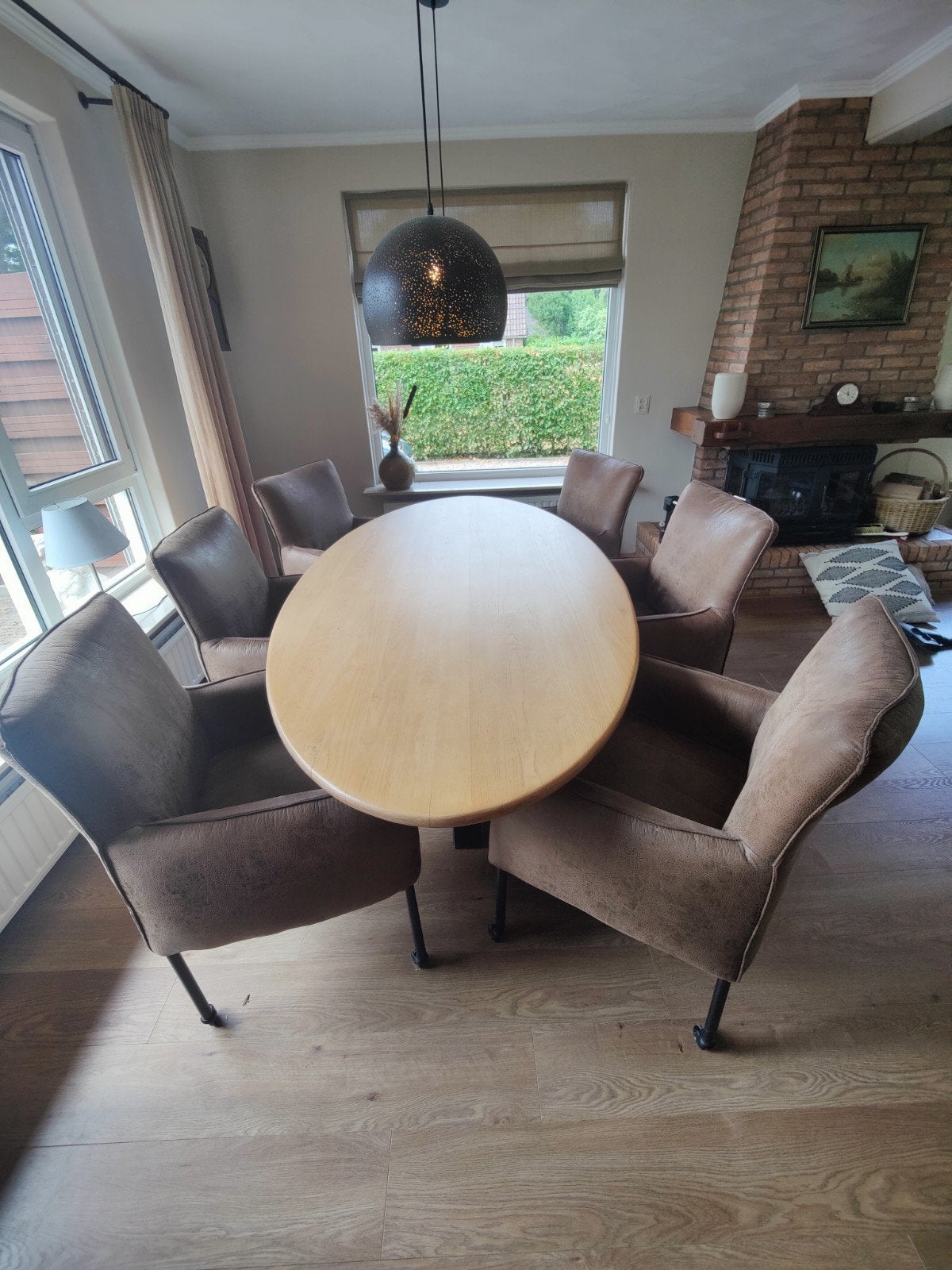 Ovale eettafel met metalen spinpoot, Overige houtsoorten, Gebruikt, 100 tot 150 cm, Modern, Industrieel