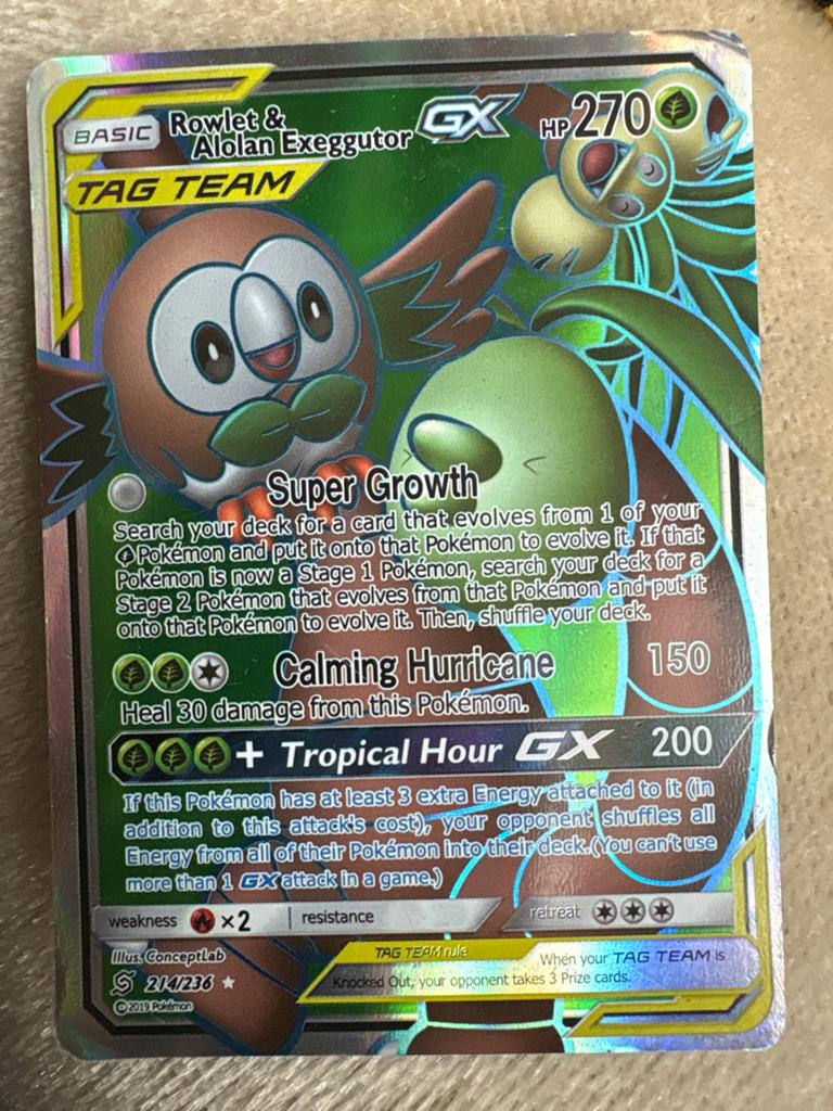 Pokemon kaart tag team basic. Rowlet & Alolan exeggutor, Ophalen of Verzenden, Gebruikt, Losse kaart