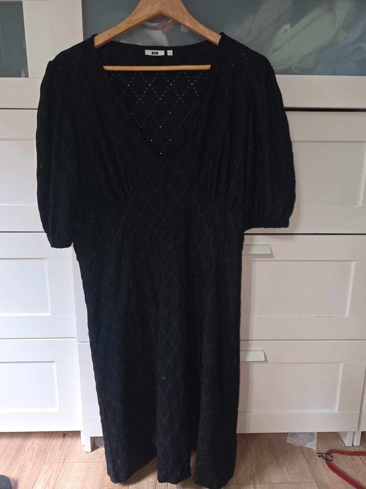 Zwarte jurk met pofmouwen en opengewerkt patroon, WE, Zwart, Maat 46/48 (XL) of groter, Ophalen of Verzenden