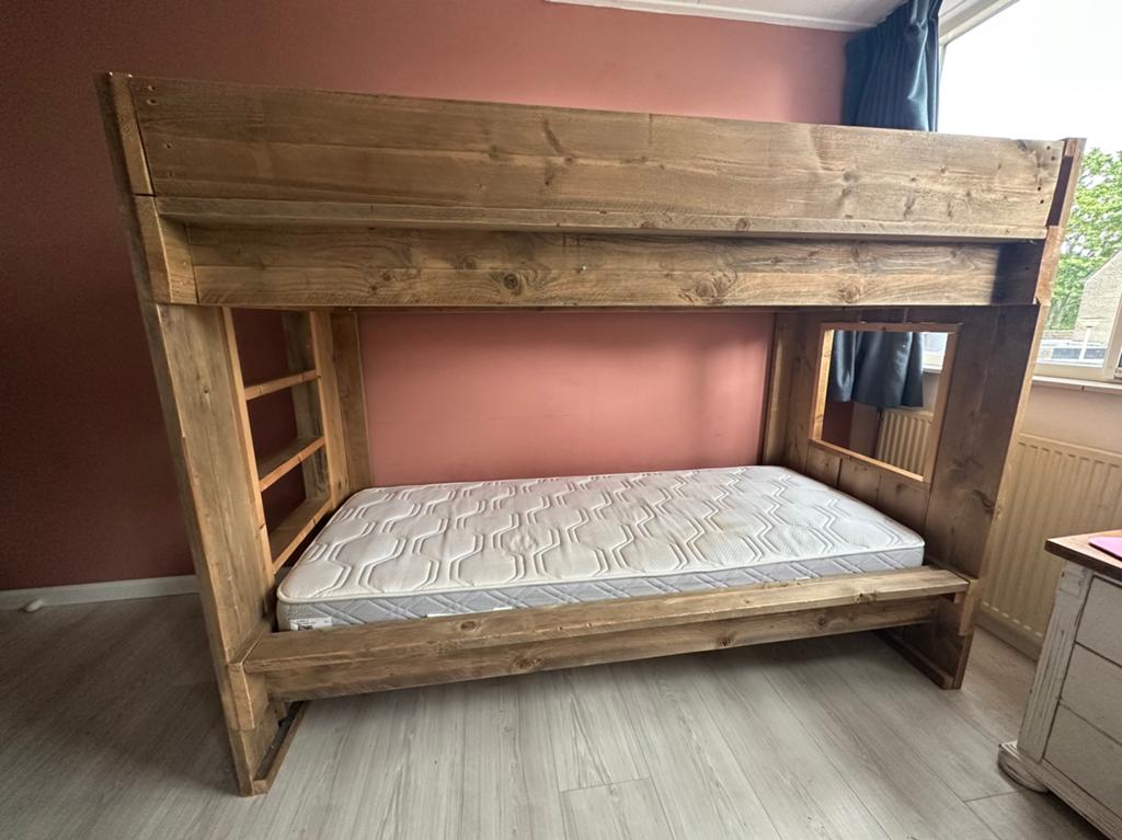 Steigerhout stapelbed handgemaakt, Ophalen, Gebruikt, 160 tot 180 cm, Tweepersoons