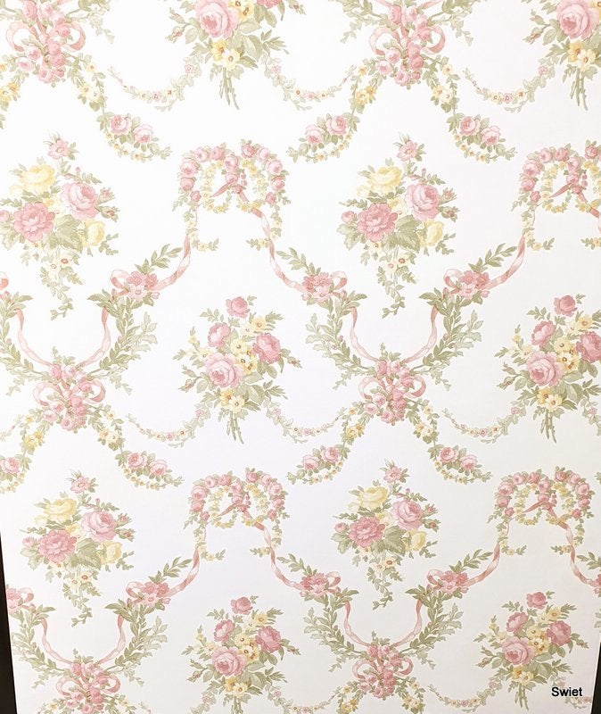 13046 Vintage rozen behang met strikken en ranken swiet, Verzenden, Roze