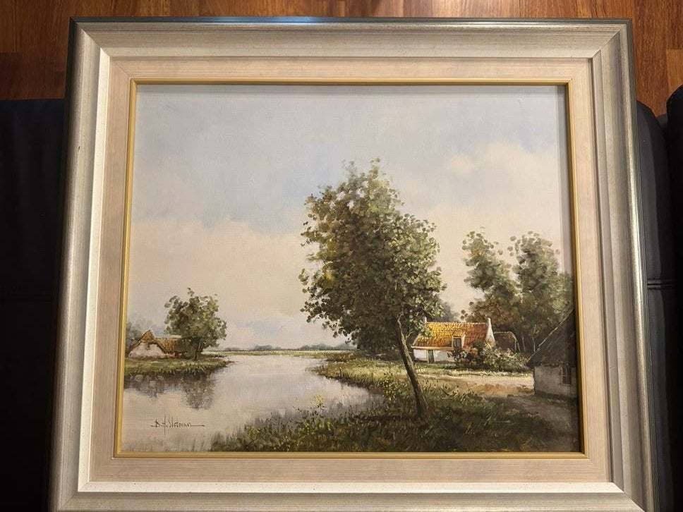 Schilderij B.H. Slotman - Hollands landschap aan het water, Antiek en Kunst, Ophalen
