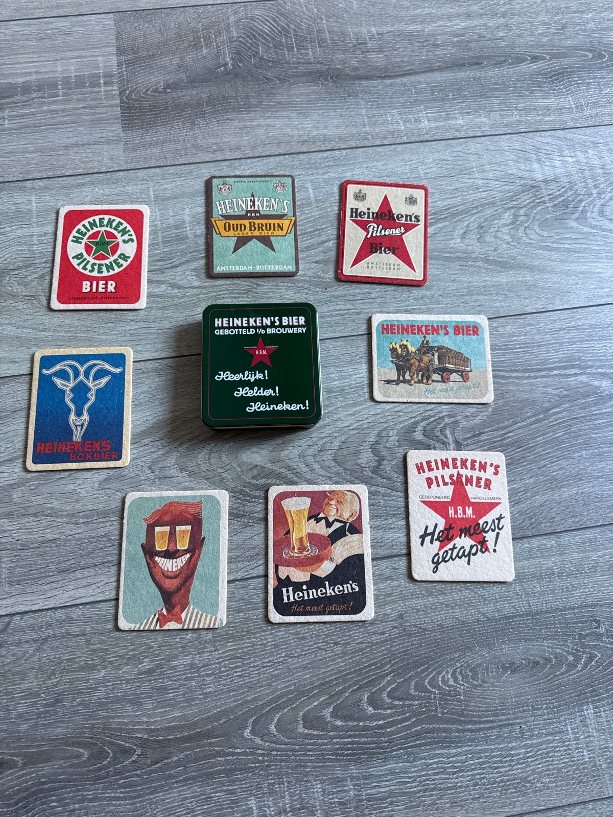 Verzameling Heineken bierviltjes in blikje, Ophalen of Verzenden, Gebruikt, Viltje(s), Heineken