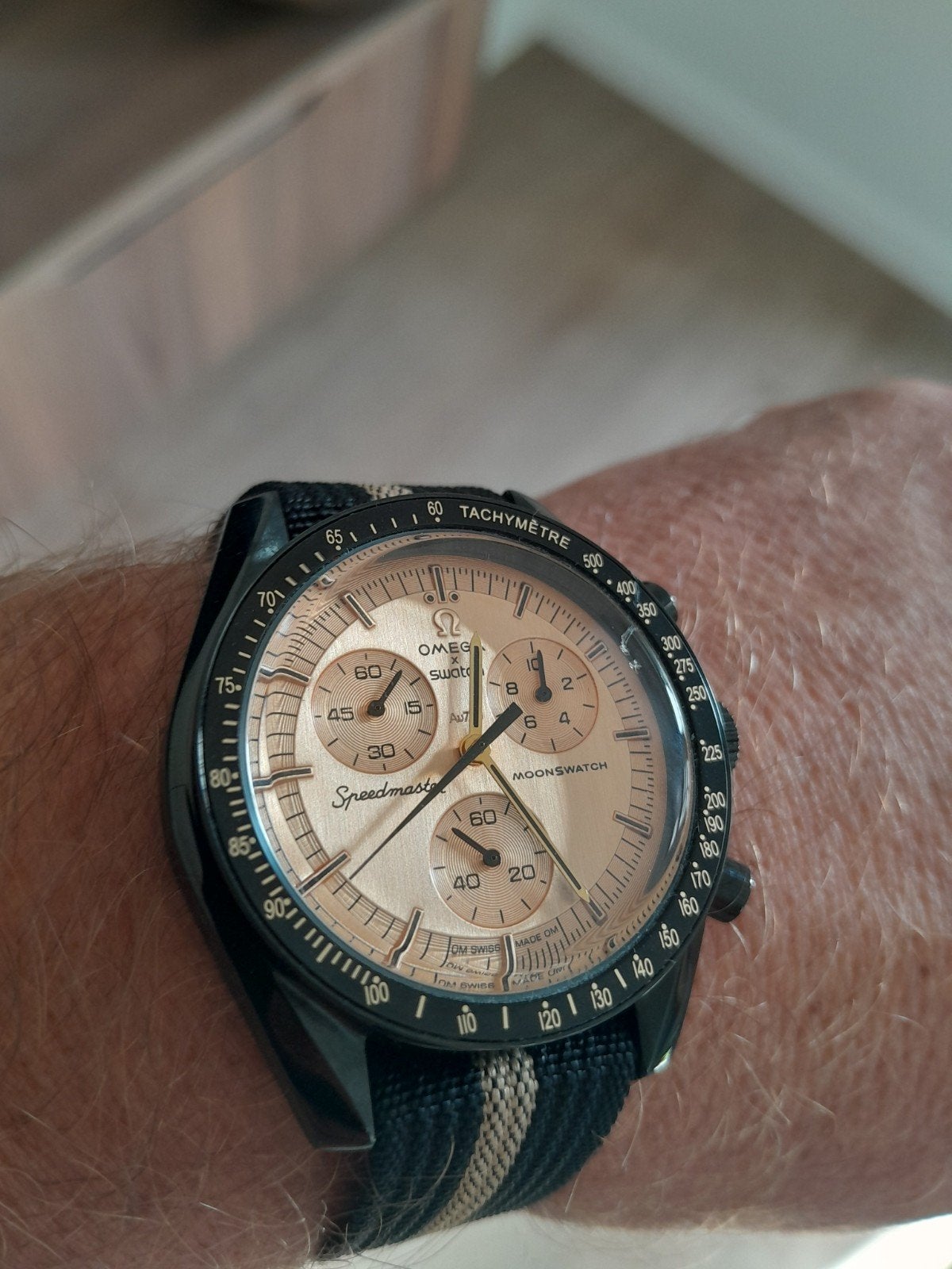 Moonswatch (Swatch/Omega) 1969 hommage in stalen kast, Sieraden, Tassen en Uiterlijk, Staal, Polshorloge, Ophalen of Verzenden