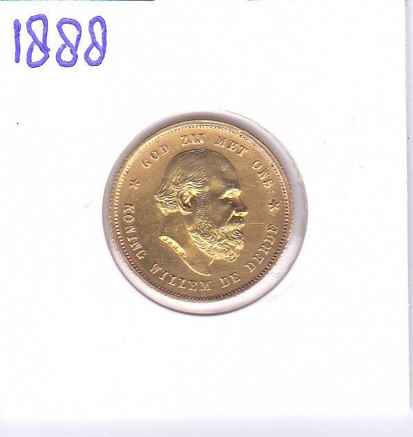 Zeldzaam gouden tientje 1888 Willem 3 voor 945 euro, Koning Willem III, Losse munt, 10 gulden, Goud