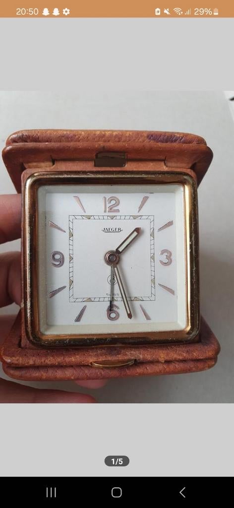 Vintage Jaeger reiswekker in lederen etui, Antiek en Kunst, Antiek | Klokken, Ophalen of Verzenden