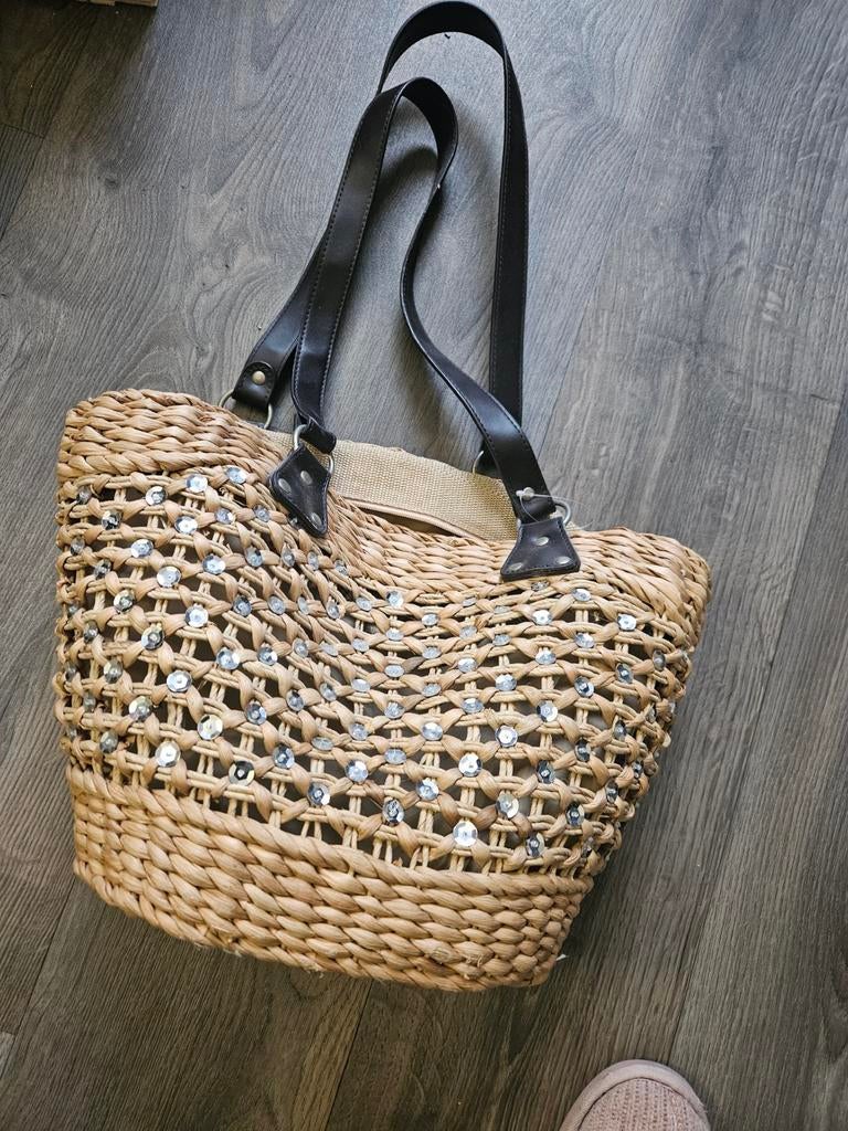 Stro tas met pailletten en leren hengsels, Ophalen of Verzenden, Zo goed als nieuw, Overige kleuren, Handtas