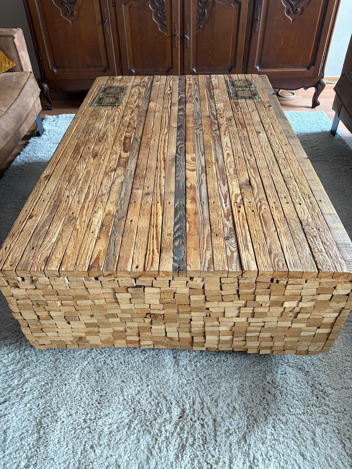 Unieke salontafel van gerecycled hout op wielen, Ophalen, Gebruikt, 100 tot 150 cm, 50 tot 100 cm