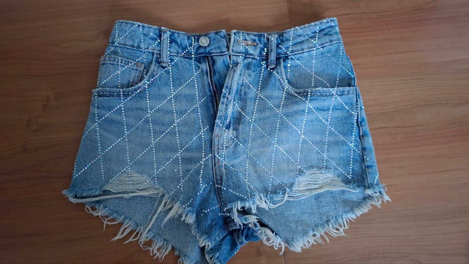 Zara spijkerbroekje met ruitpatroon en franjes en  glitter, Blauw, Zara, Ophalen of Verzenden, Zo goed als nieuw