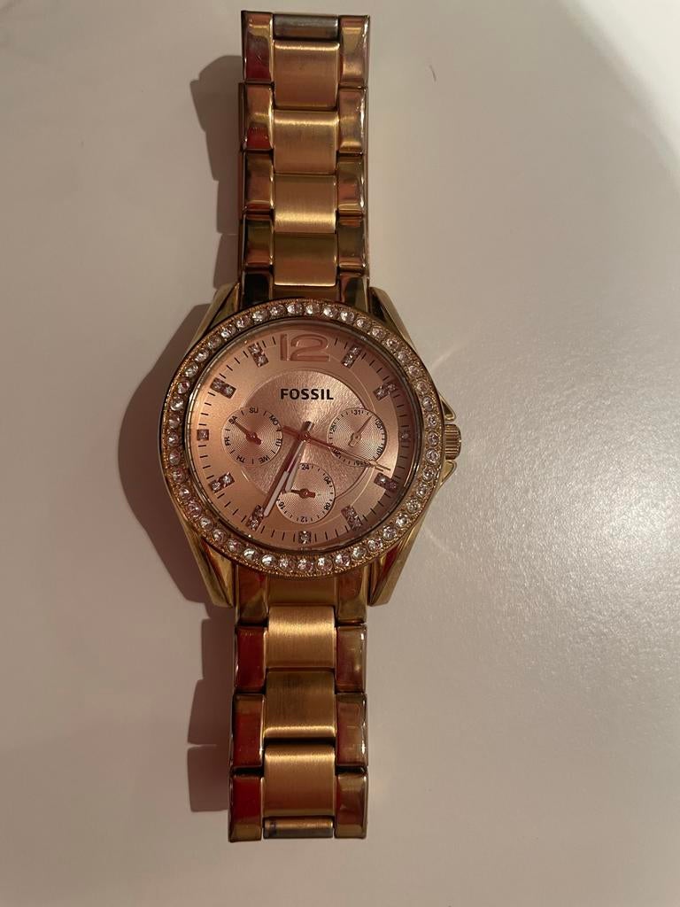 Fossil Dameshorloge Roségoud met Strass, Sieraden, Tassen en Uiterlijk, Horloges | Dames, Zo goed als nieuw, Polshorloge, Fossil
