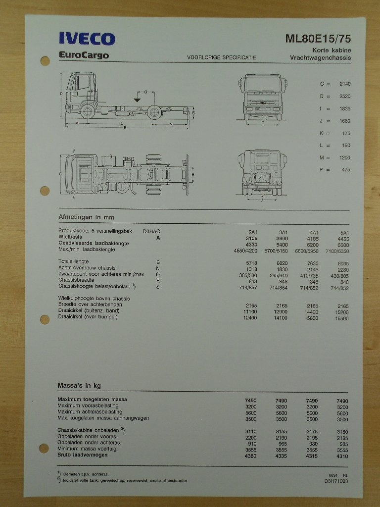Iveco EuroCargo ML80 Technische Specificatie folder 1991, Iveco, Ophalen of Verzenden, Zo goed als nieuw, Overige merken