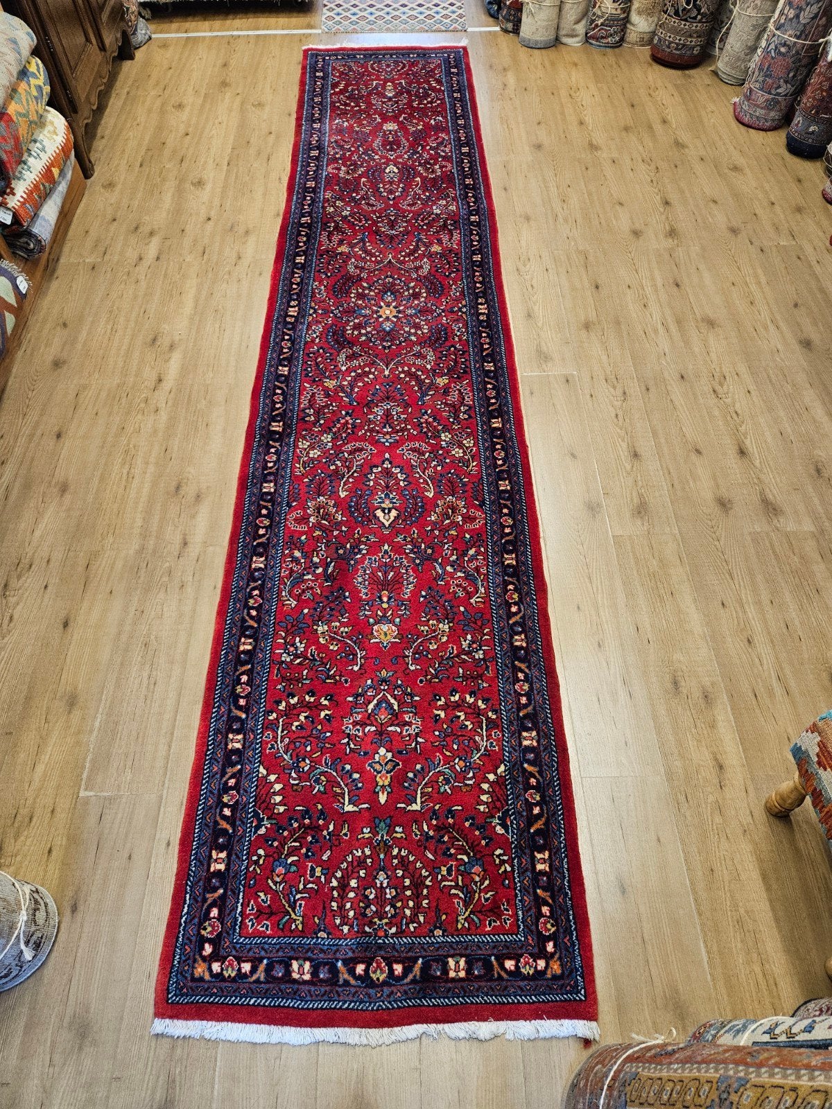 Handgeknoopt perzisch tapijt loper sarough 438x88, Info@SlatsAntiek.nl, Perzisch, Vof Slats Antiek, Blauw