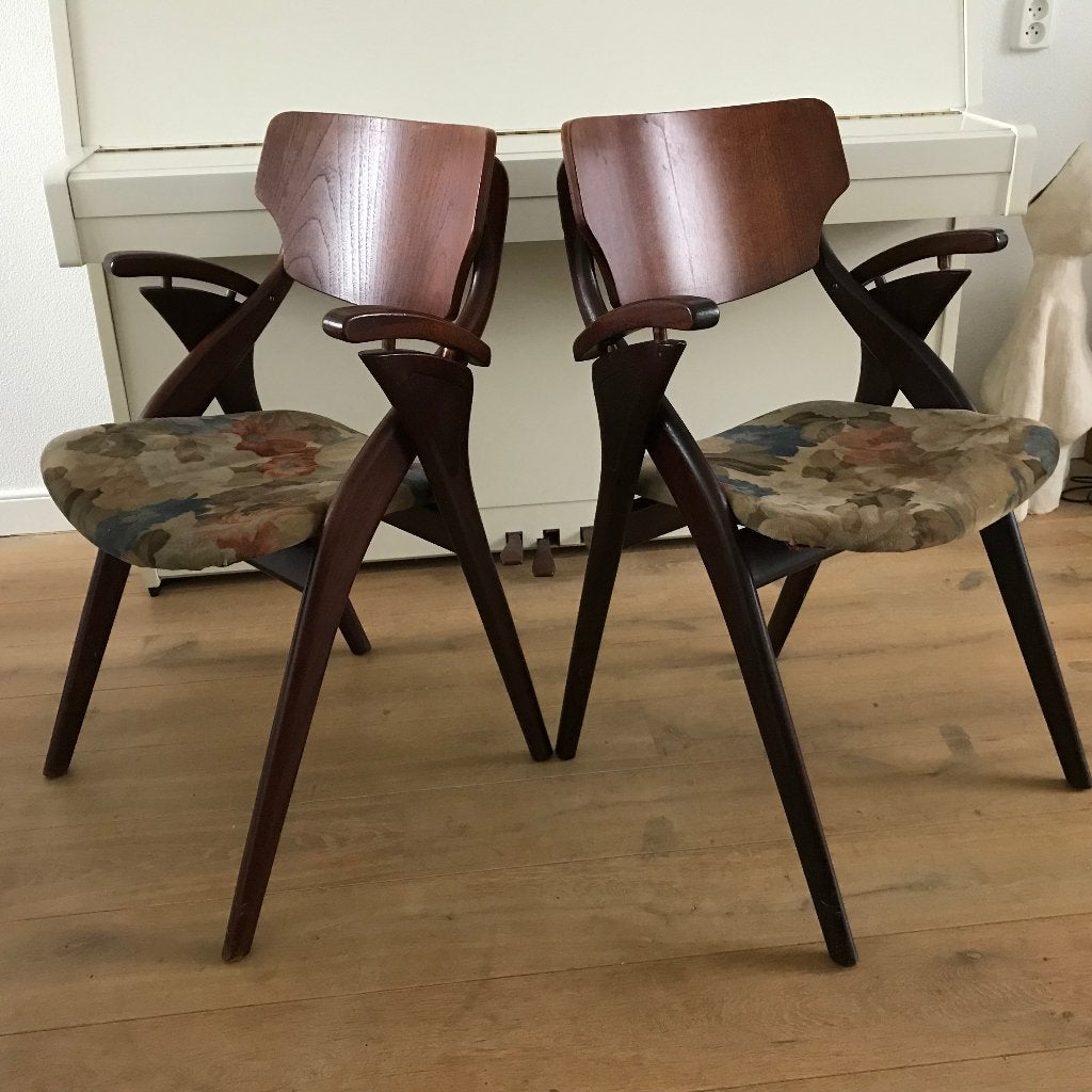 2 Arne Hovmand Olsen Mogens Kold stoel vintage teak stof, Gebruikt, Bruin, Ophalen of Verzenden, Nvt