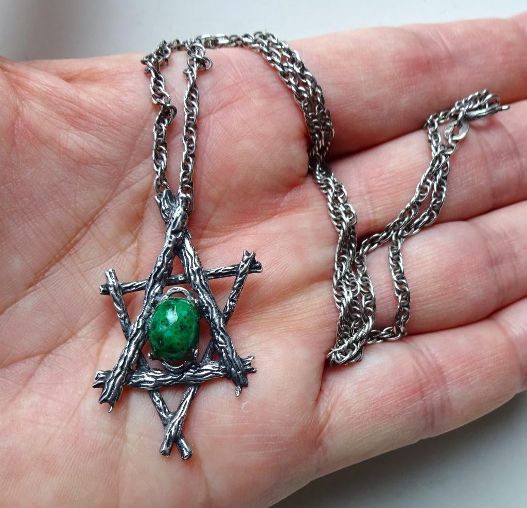 Oude zilveren Davidster hanger + ketting: groene steen, Ophalen of Verzenden, Zilver, Ketting