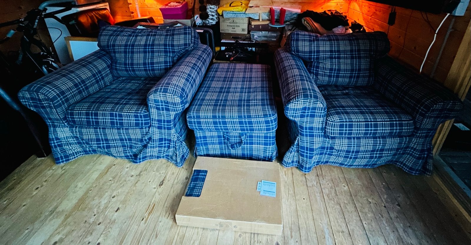 IKEA Ektorp fauteuils en hocker - blauw geruit, Ophalen, Gebruikt, 75 tot 100 cm, 100 tot 125 cm