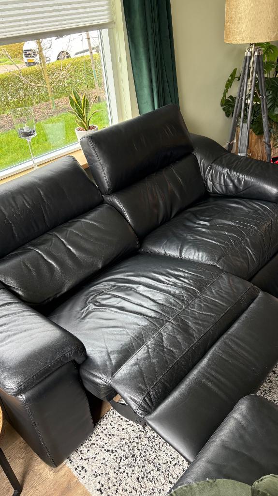 Zwart leren relax bankstel, Ophalen, Gebruikt, Rechte bank, 200 tot 250 cm