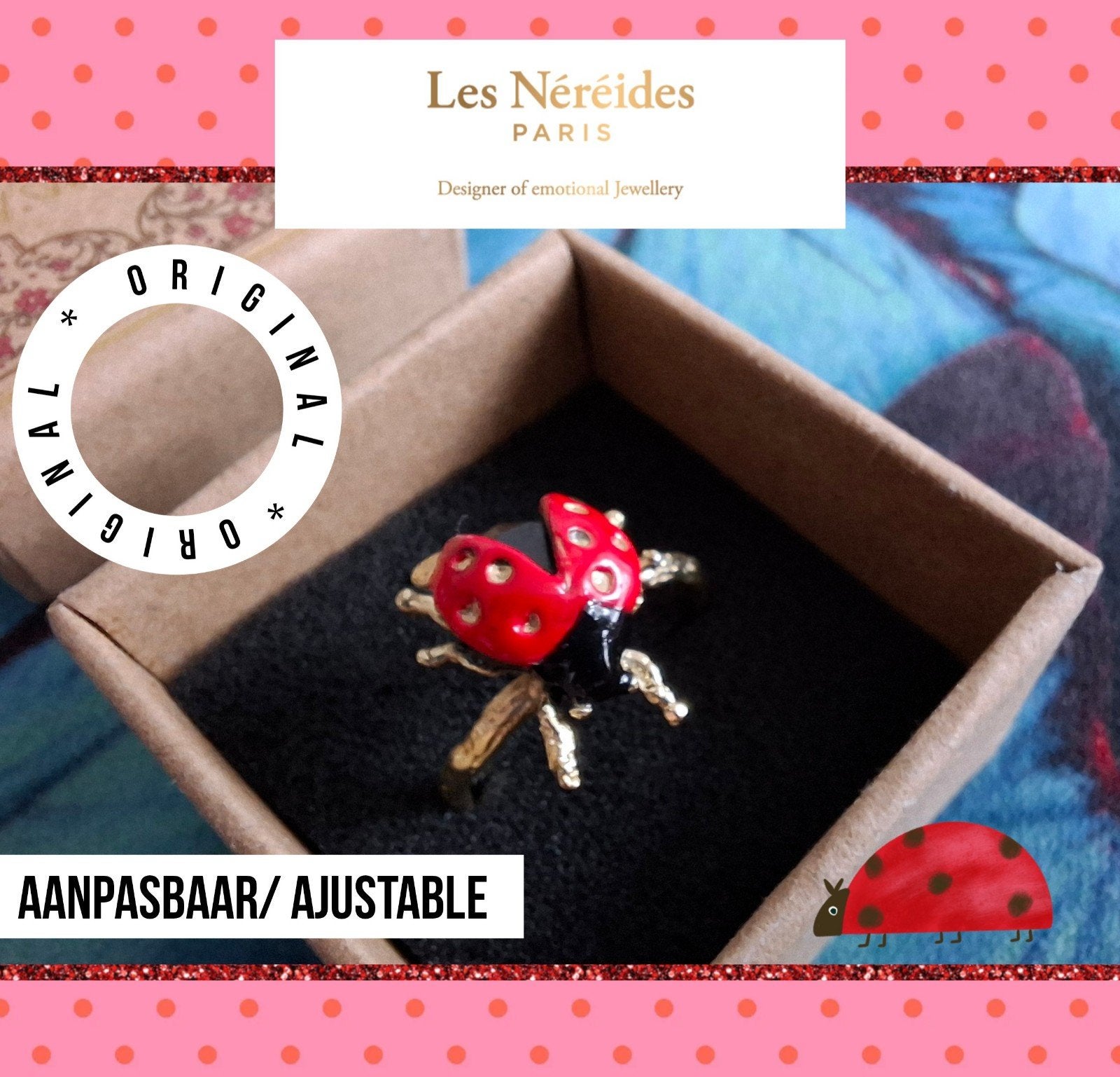 Les Néréides ring lieveheersbeestje 3D origineel zgan, Overige materialen, Verzenden, Zo goed als nieuw, 17 tot 18