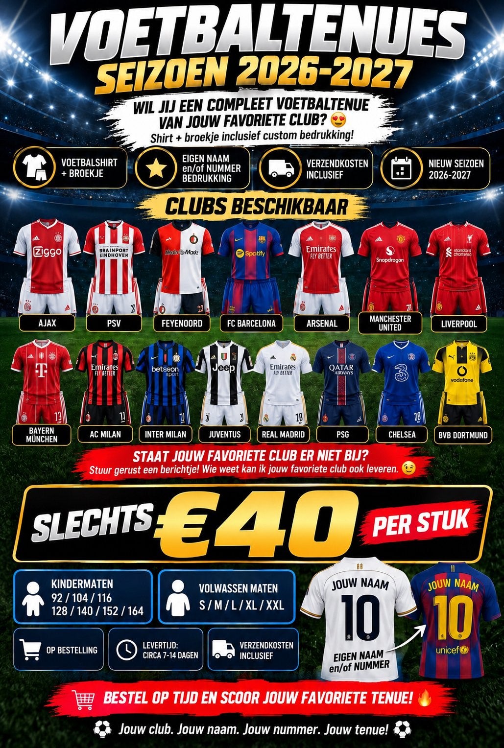 ⚽️Voetbaltenue Shirt+Broekje+Bedrukking€40,- incl verzending, Maat XS of kleiner, Ophalen of Verzenden, Nieuw, Set