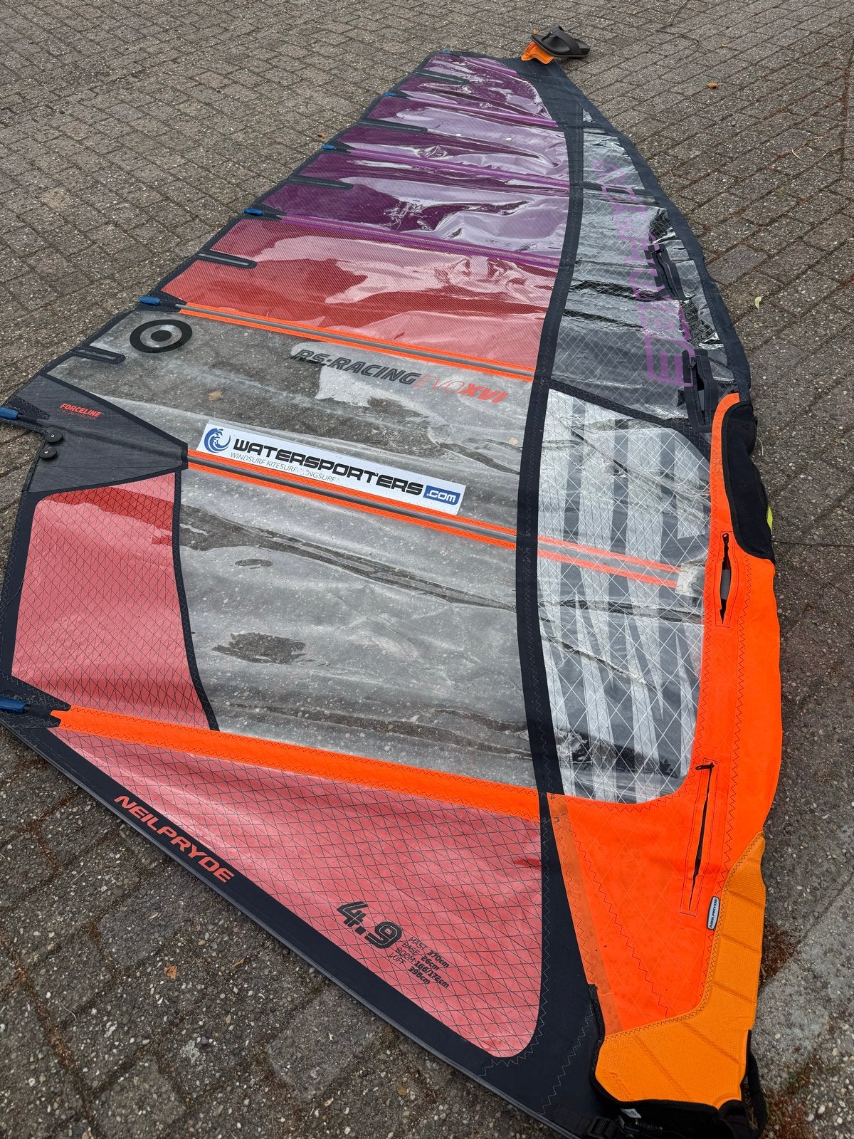 Neil Pryde Evo 16 4.9 inclusief NP mast 370/90 RDM, Met mast, Gebruikt, 3.5 tot 5 m², Ophalen of Verzenden