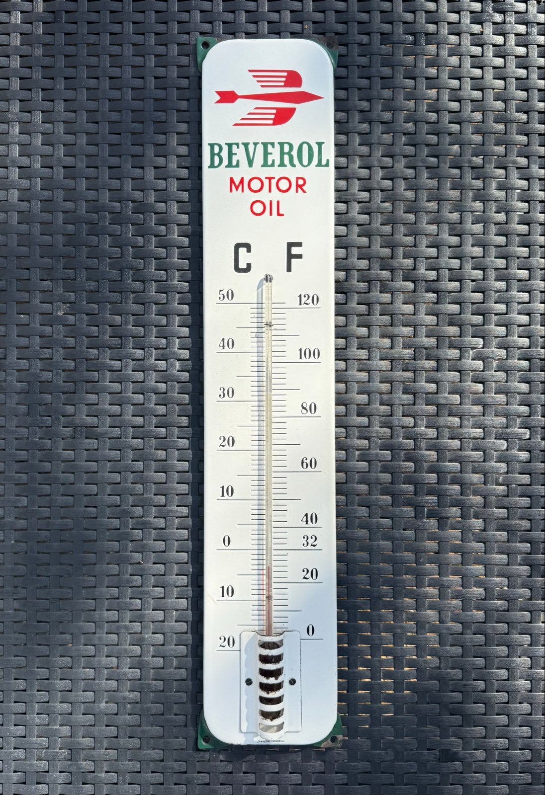 Emaille Reclamebord / Thermometer Beverol Motorolie, Ophalen of Verzenden, Reclamebord
