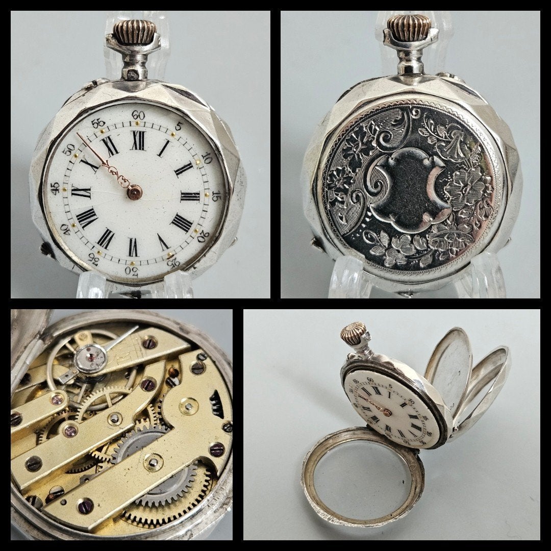 Antiek zilver,  dames zakhorloge,  fraai gegraveerd, Antiek en Kunst, Ophalen of Verzenden, Zilver