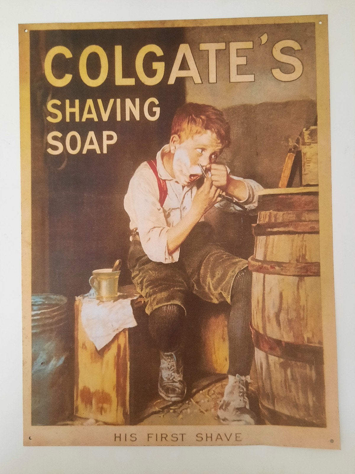 nostalgisch metalen wandbord Colgate's shaving soap, Metaal, Gebruikt, 31 cm, Ophalen of Verzenden