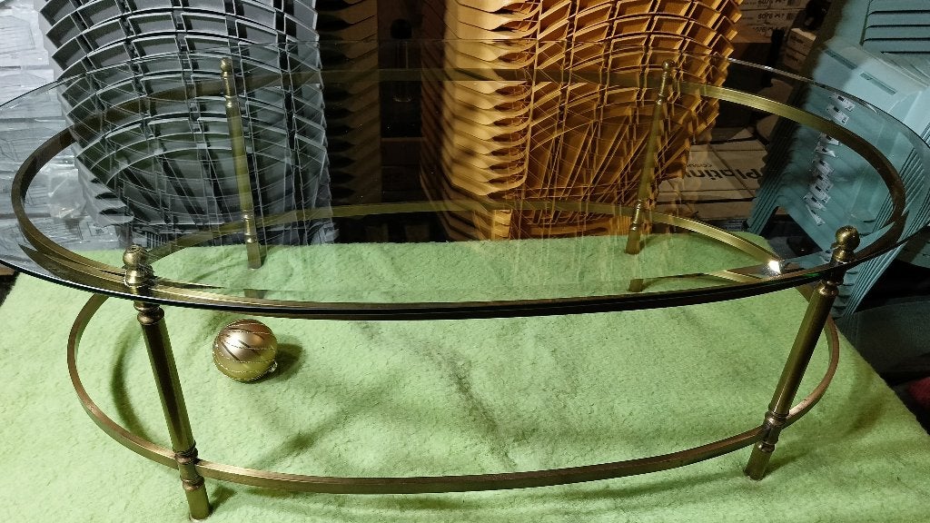 Ovale messing salontafel met 2 glasplaten 133cm, Ophalen, Gebruikt, 100 tot 150 cm, 50 tot 100 cm