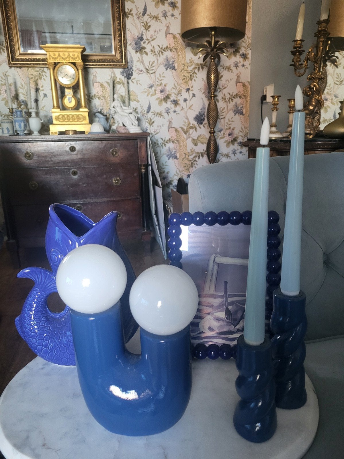Blauwe woonaccessoires visvaas lamp fotolijst kandelaars, Ophalen of Verzenden, Zo goed als nieuw, Blauw