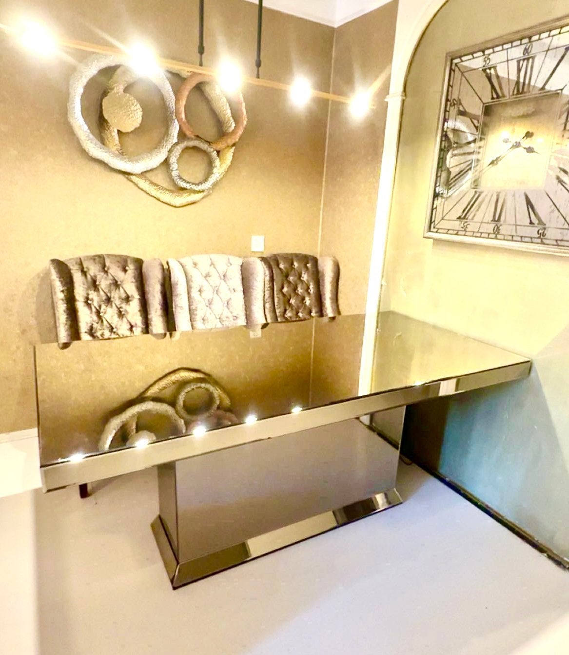 Luxe eetkamerset glazen design tafel + 6 velvet stoelen, Huis en Inrichting, Tafels | Eettafels, Ophalen, Hotel chic, Vijf personen of meer
