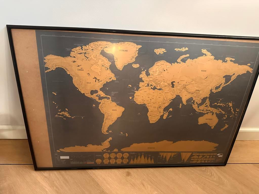 Kras map wereldkaart incl lijst, Ophalen, Zo goed als nieuw, Minder dan 50 cm, Schilderij