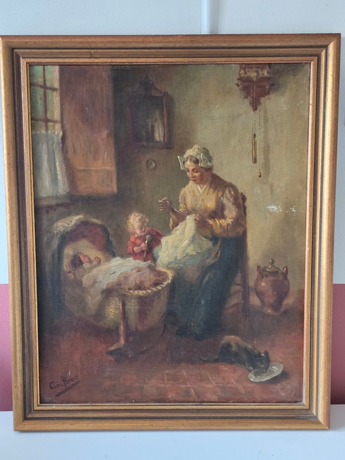 Olieverfschilderij  gesigneerd  H of C de Hoog ?, Antiek en Kunst, Doek, Portret of Personen, Realistisch, Origineel werk